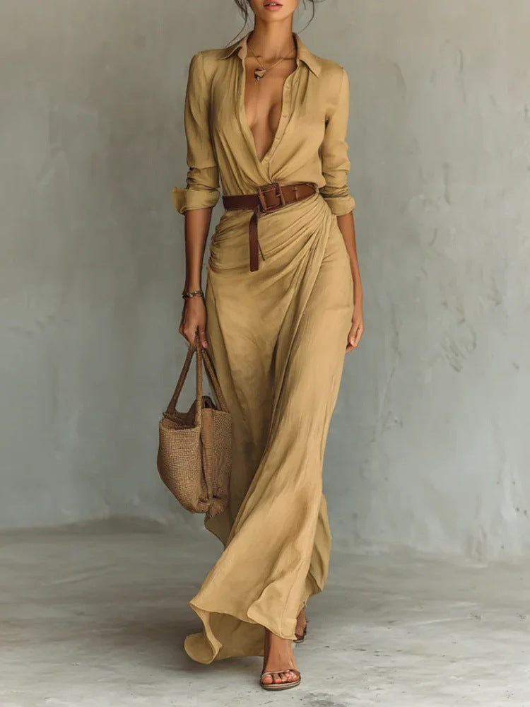 Louise - Linen-look draped maxi shirtdress
