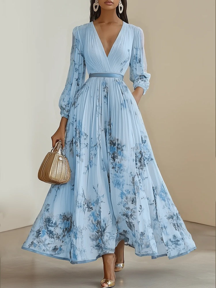 Charmaine - Floral print pleated deep v-neck maxi dress