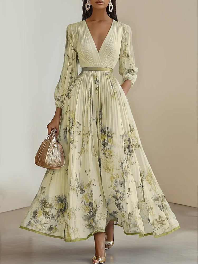 Charmaine - Floral print pleated deep v-neck maxi dress