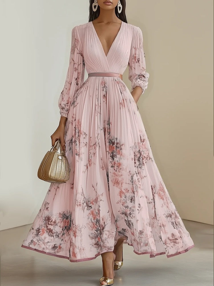 Charmaine - Floral print pleated deep v-neck maxi dress