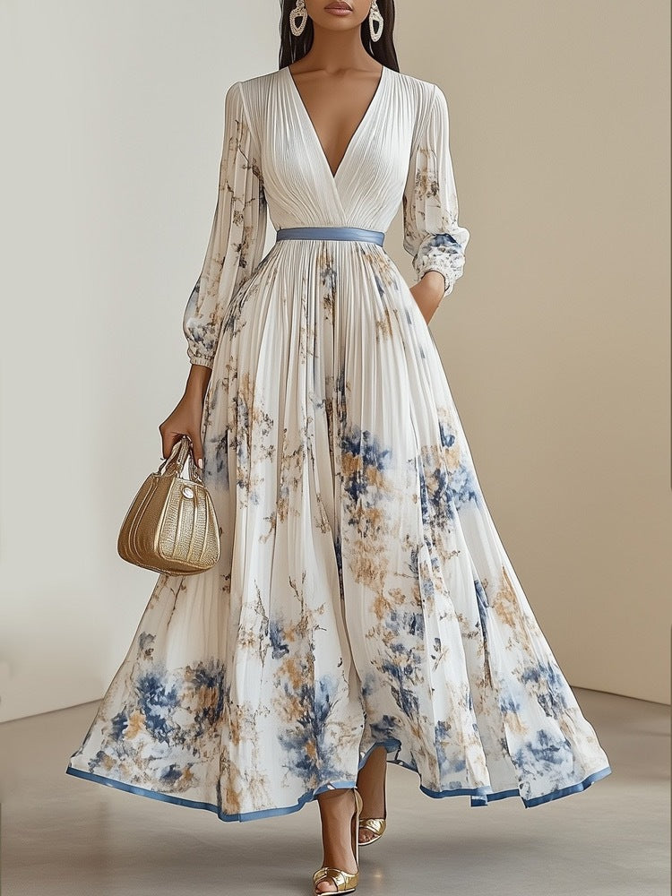 Charmaine - Floral print pleated deep v-neck maxi dress
