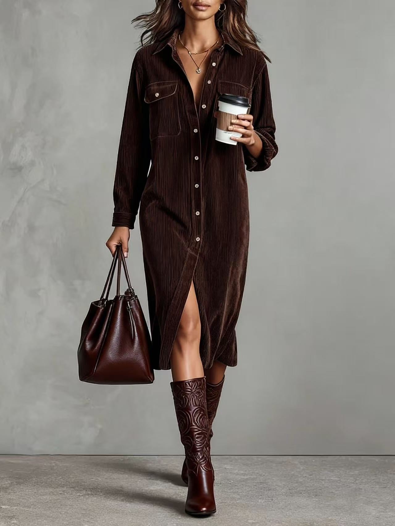 Lova - Long sleeve corduroy midi shirtdress