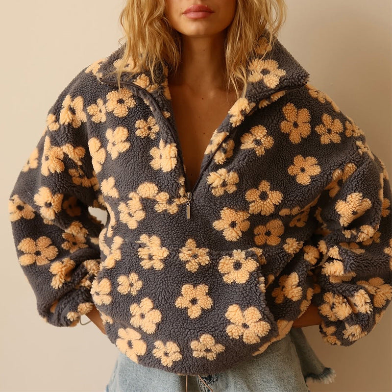 Daisy Floral Print Oversized Sherpa Half-Zip Pullover Cozy UK