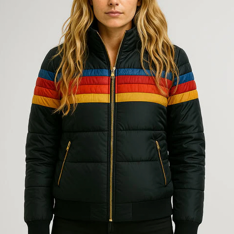 Freya - Colour block retro stripe puffer bomber jacket
