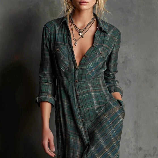 Valentina - Plaid flannel long sleeve maxi shirtdress