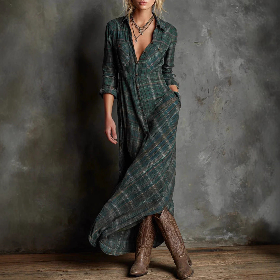Valentina - Plaid flannel long sleeve maxi shirtdress