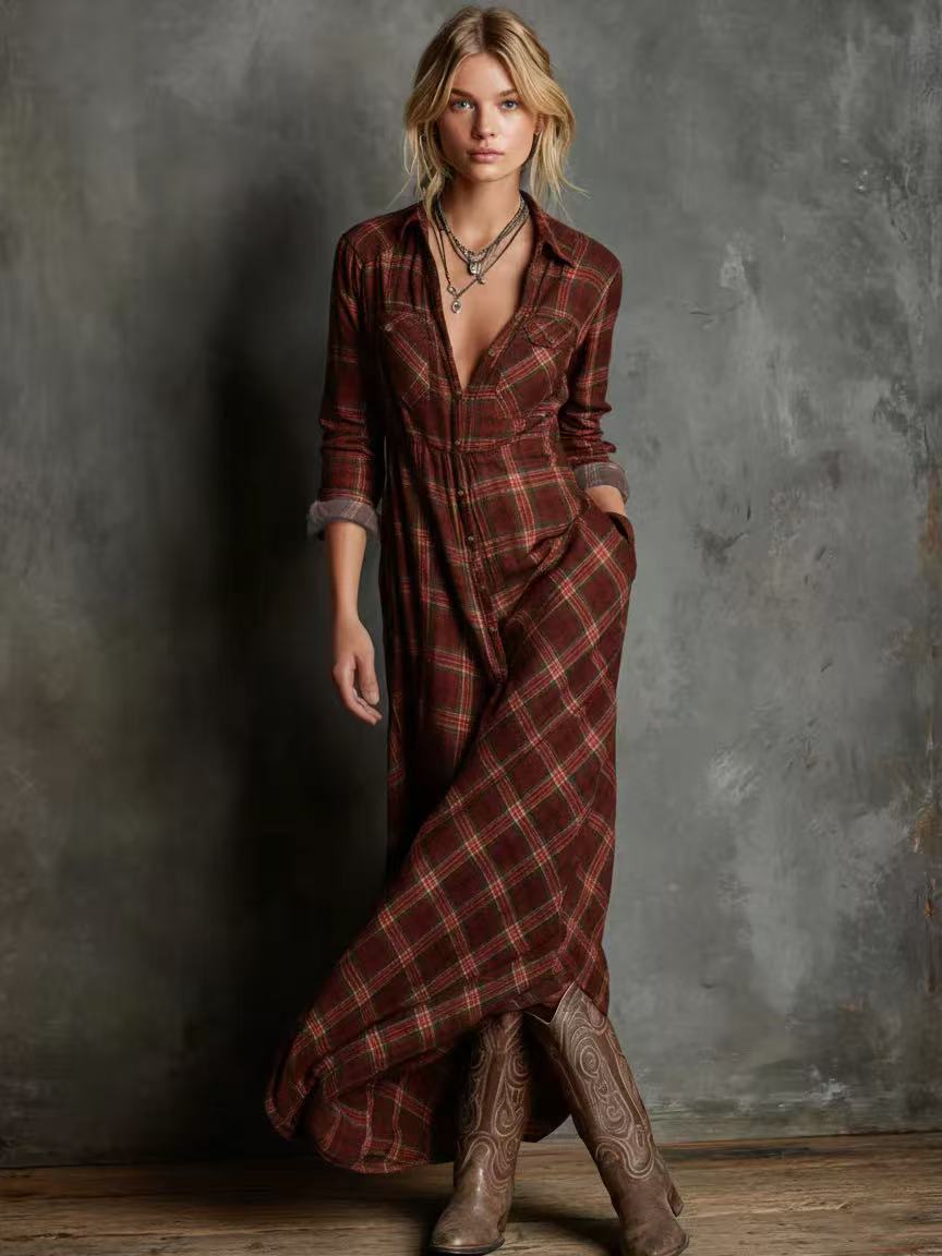 Valentina - Plaid flannel long sleeve maxi shirtdress
