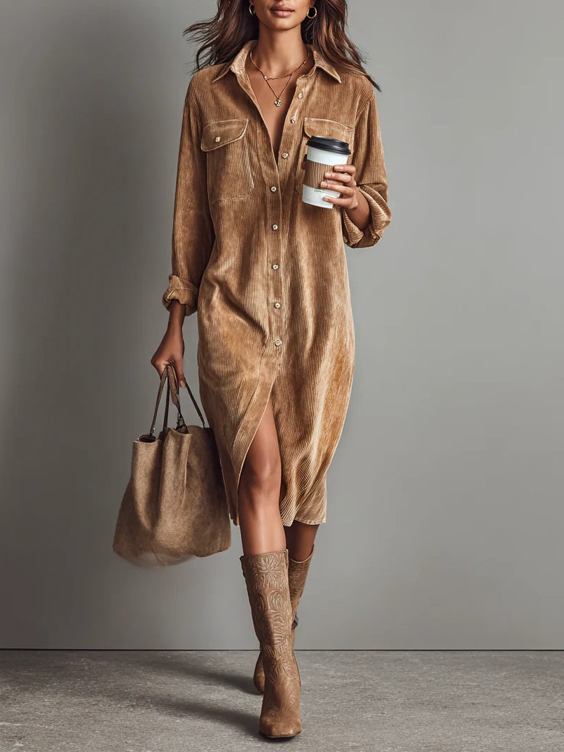 Lova - Long sleeve corduroy midi shirtdress