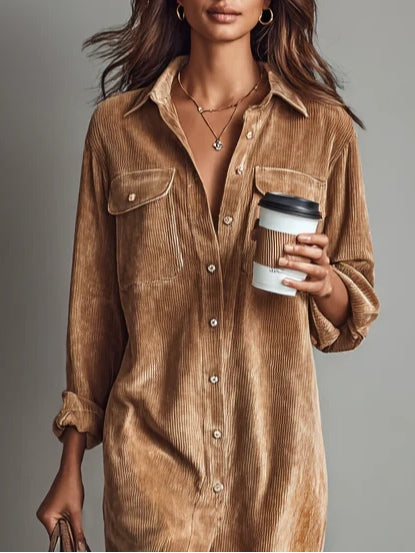 Lova - Long sleeve corduroy midi shirtdress