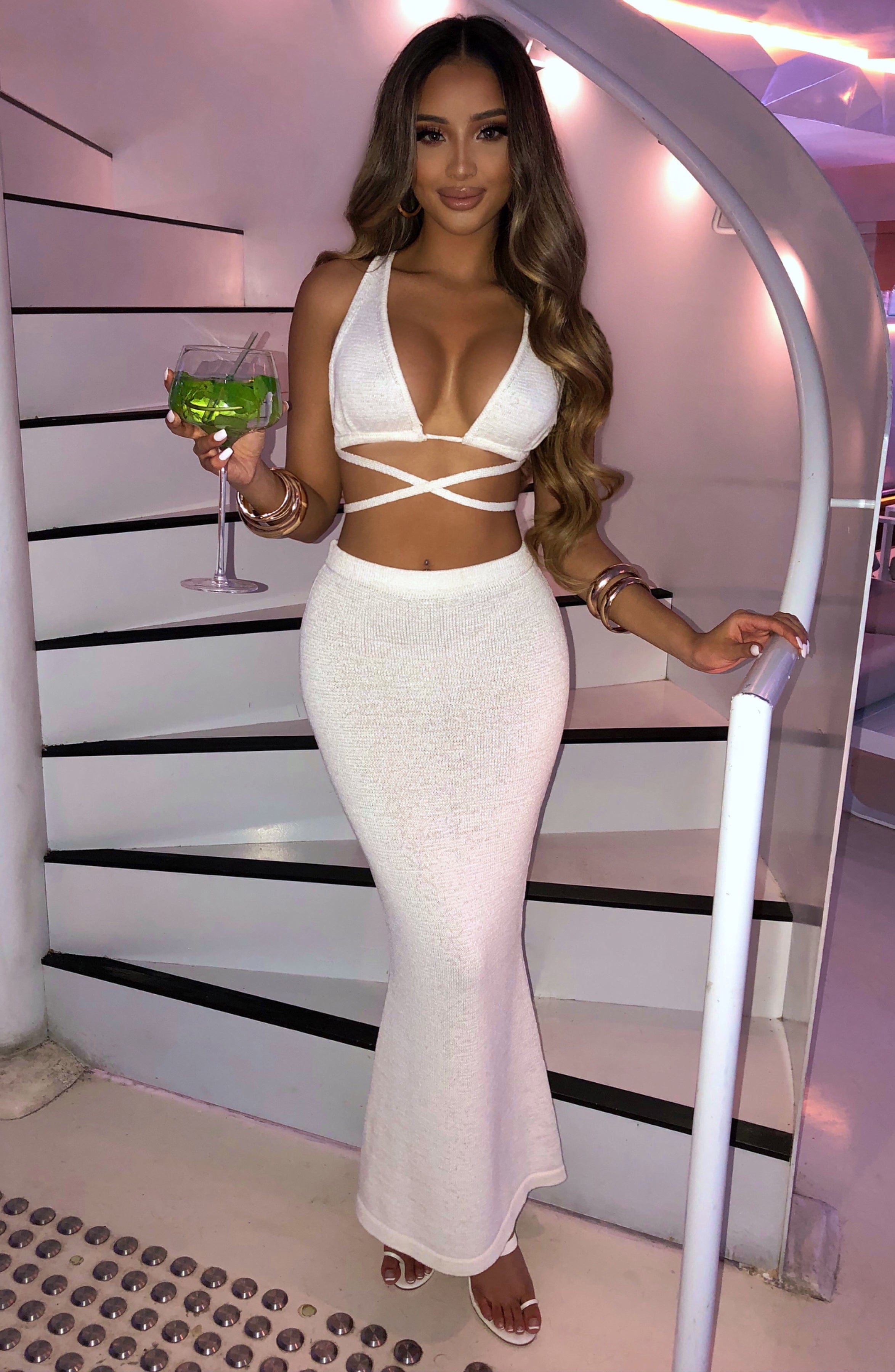 Alexa - White knit high-waisted bodycon maxi skirt