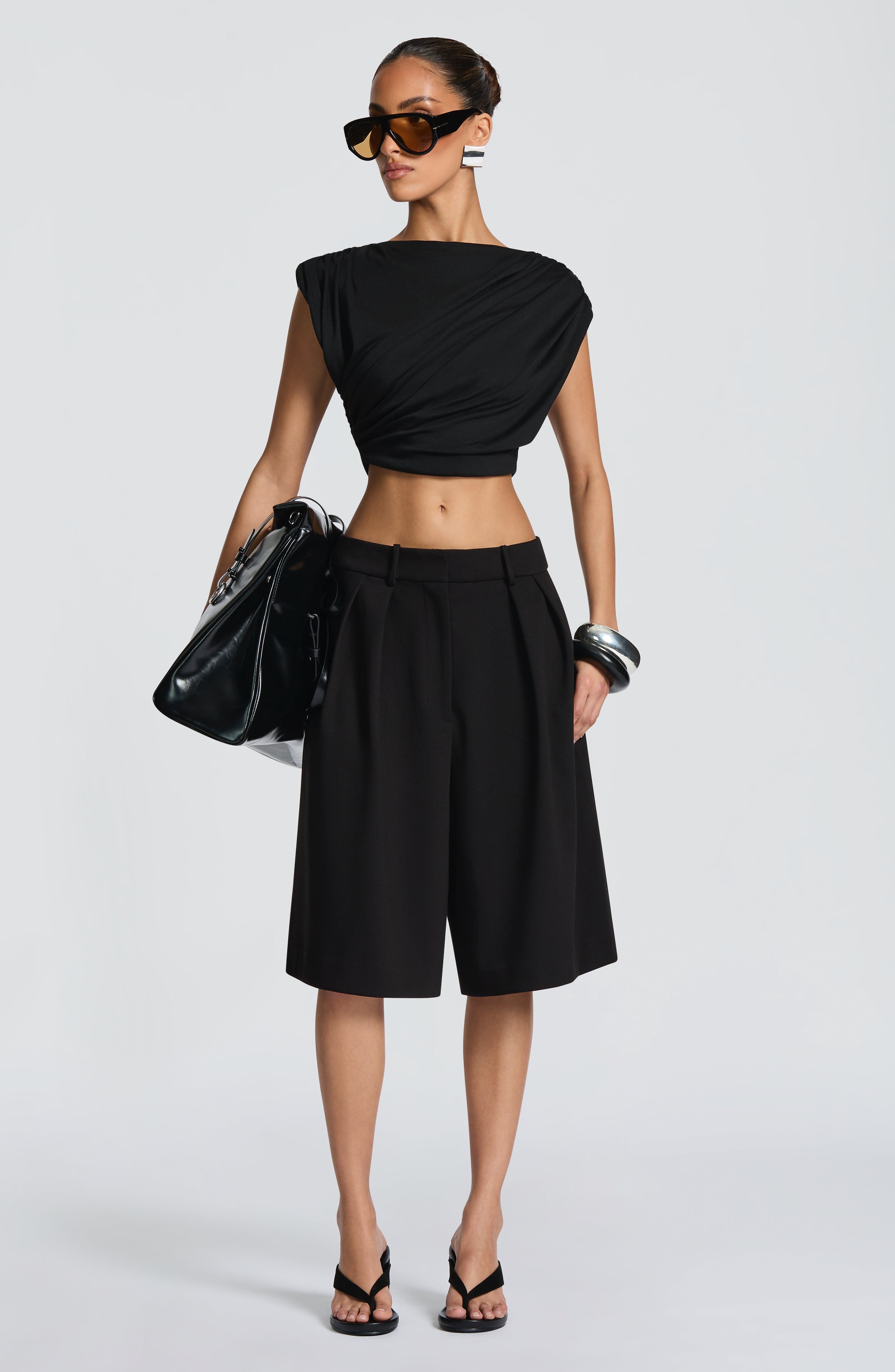 Ausra - Black tailored pleated wide-leg bermuda shorts