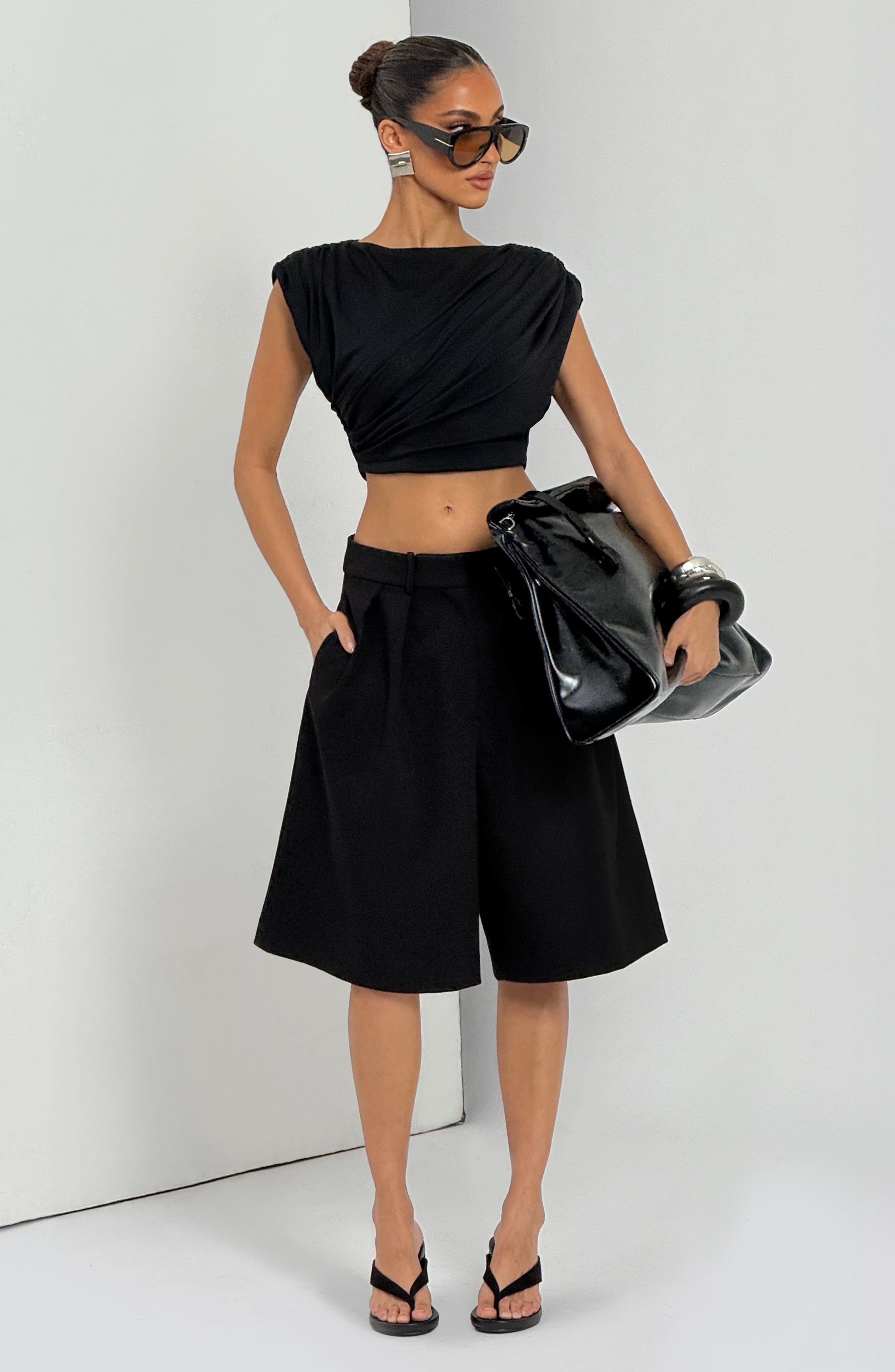 Ausra - Black tailored pleated wide-leg bermuda shorts