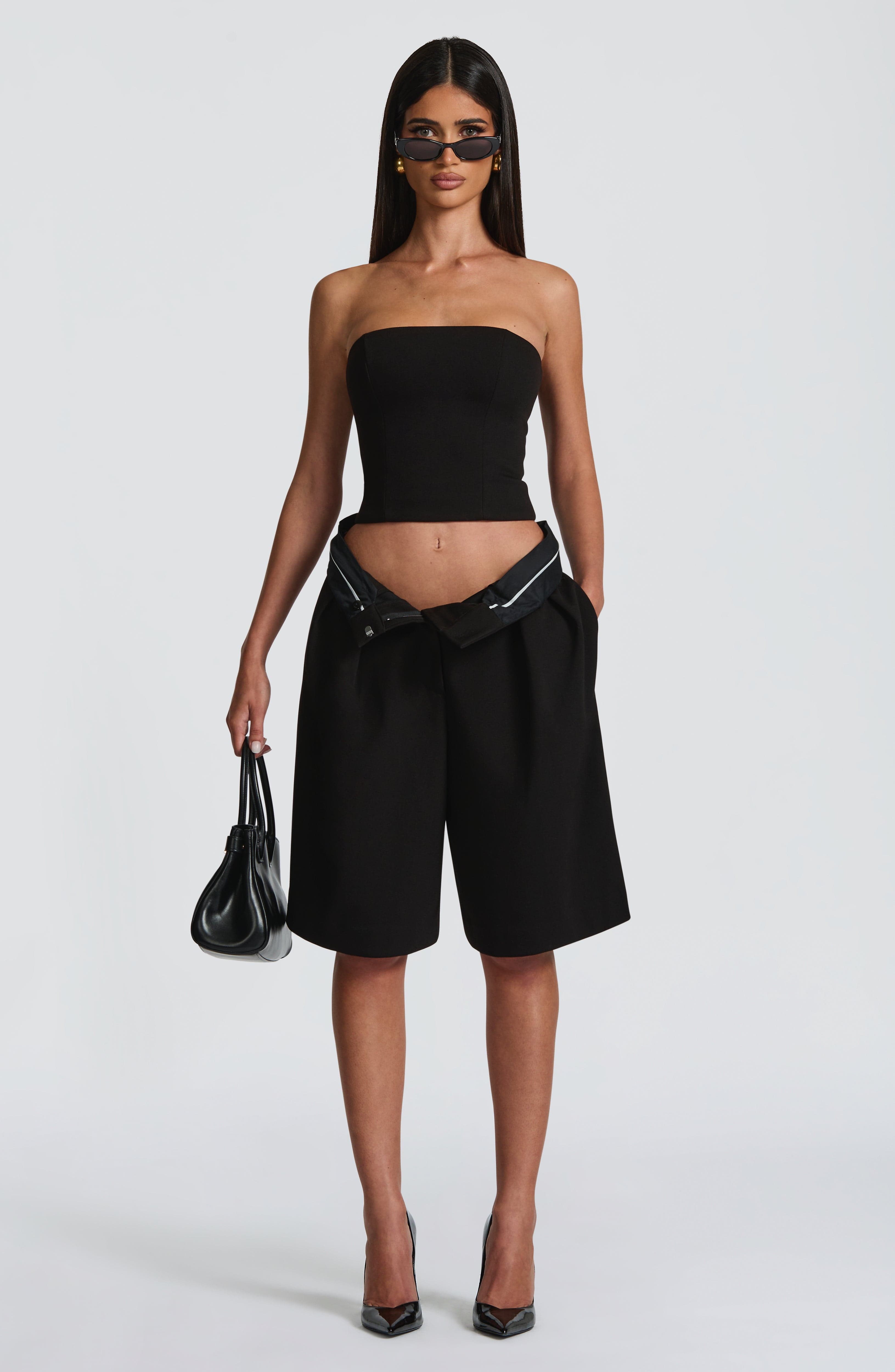 Ausra - Black tailored pleated wide-leg bermuda shorts