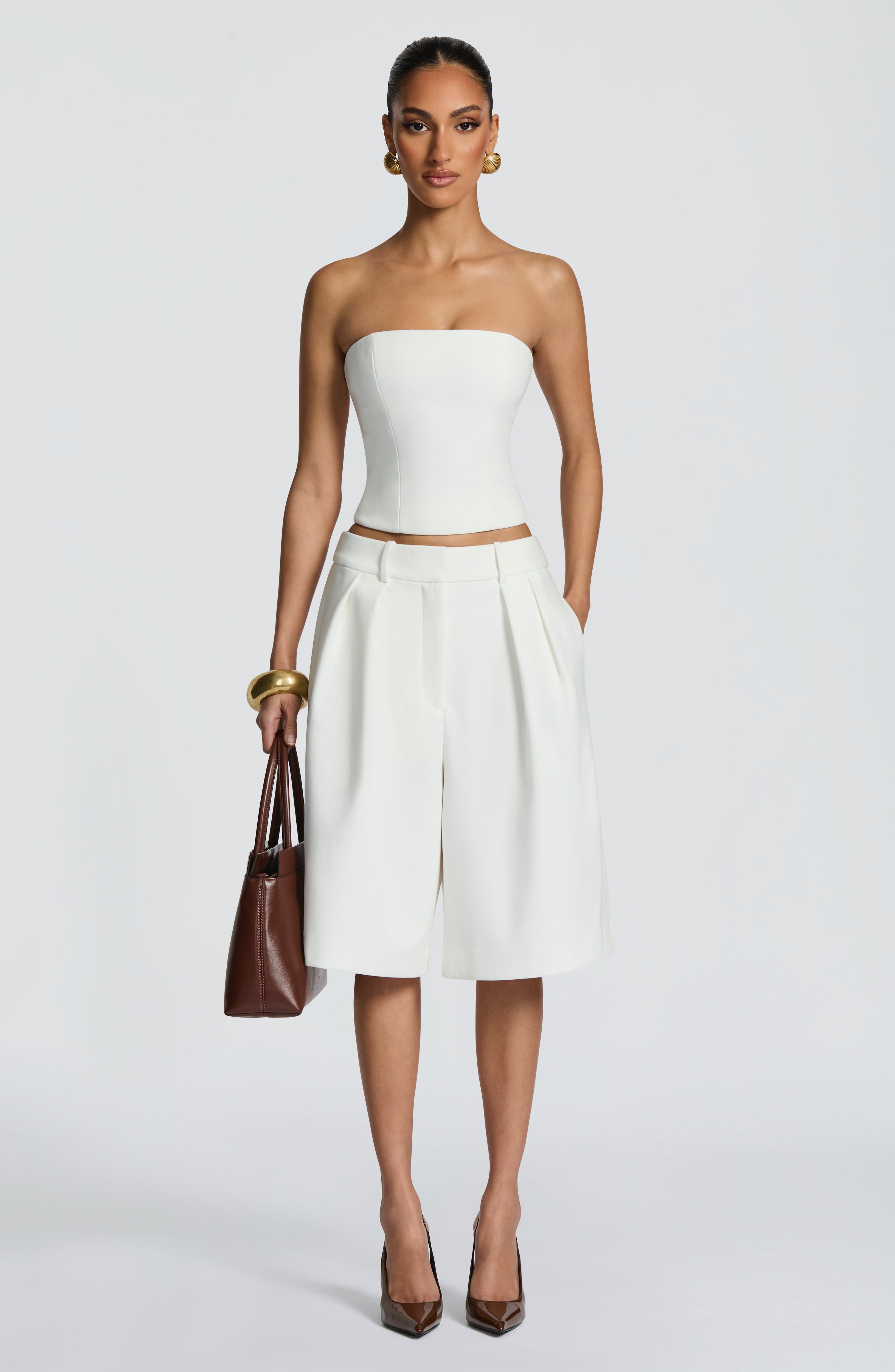 Ausra - Ivory tailored pleated wide-leg bermuda shorts