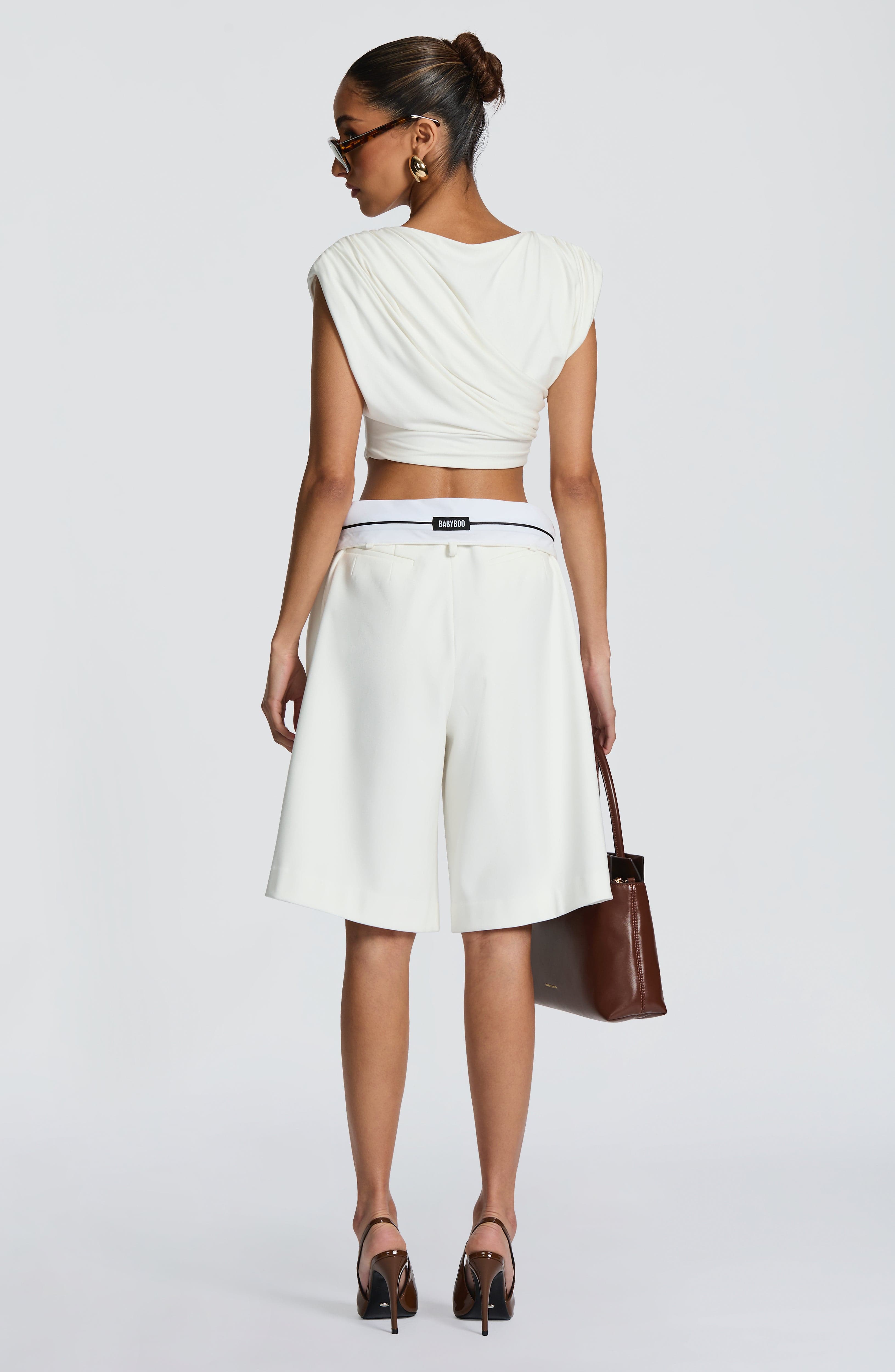 Ausra - Ivory tailored pleated wide-leg bermuda shorts