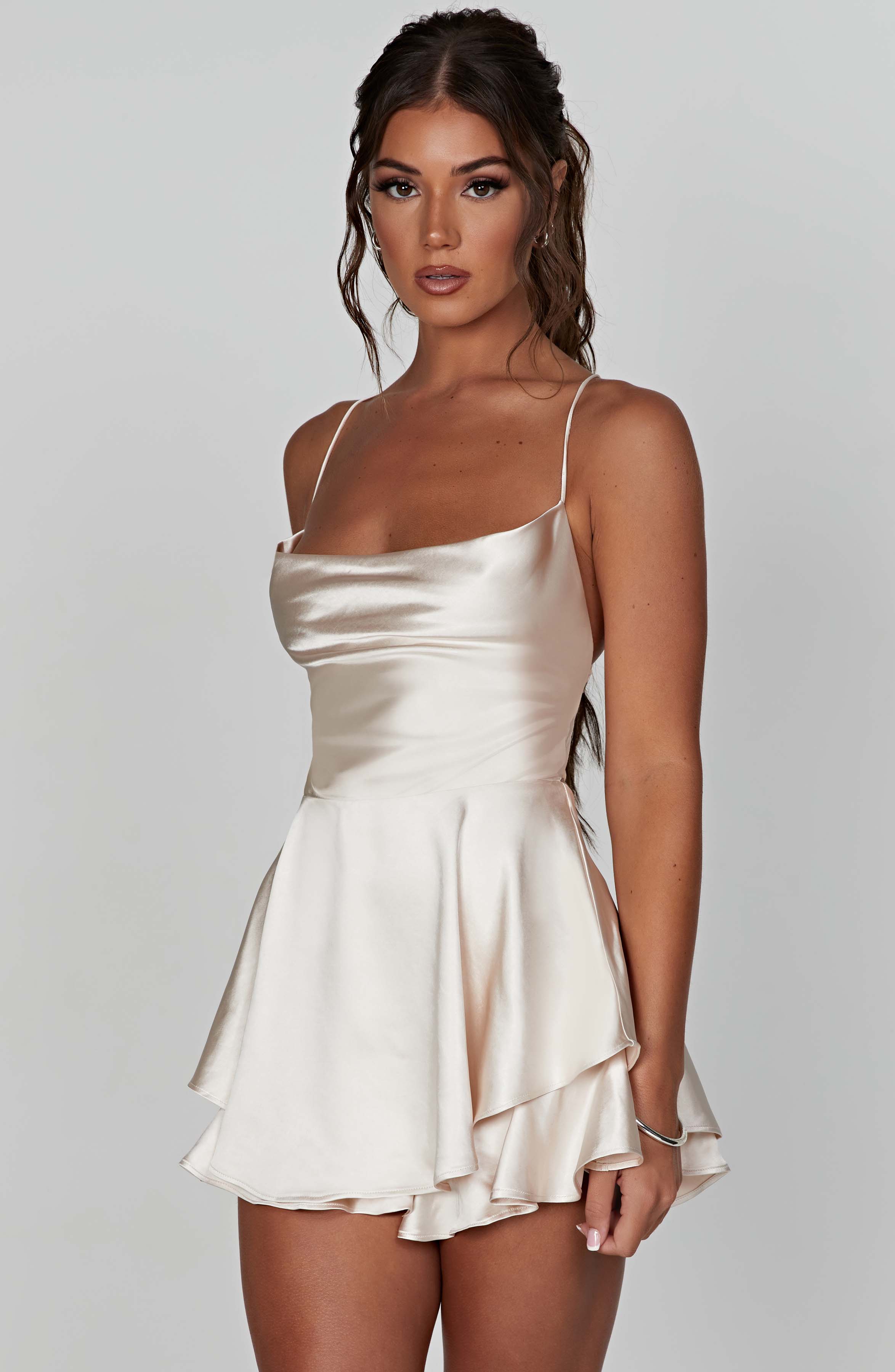 Florence - Champagne satin cowl neck frill playsuit