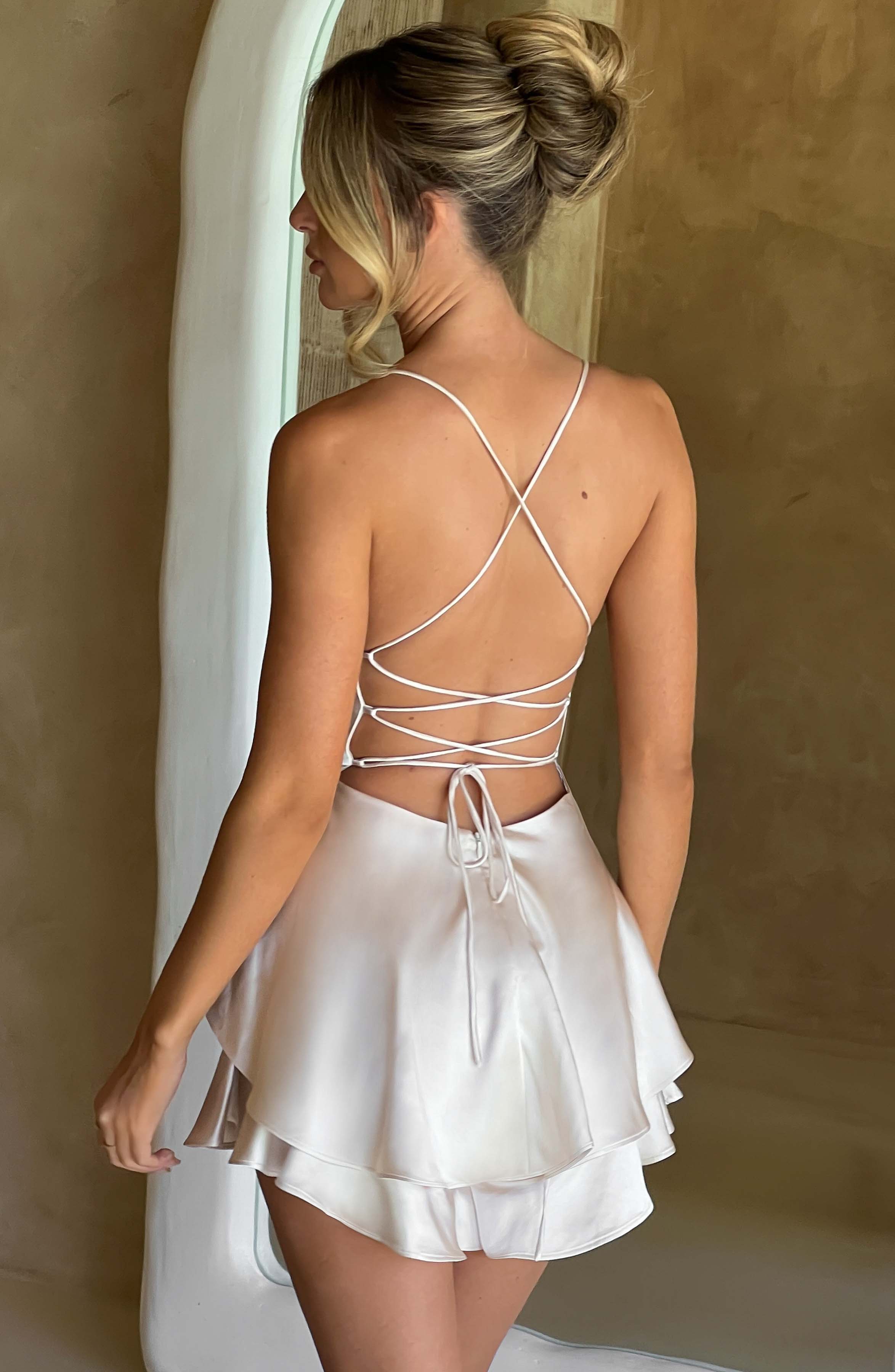 Florence - Champagne satin cowl neck frill playsuit