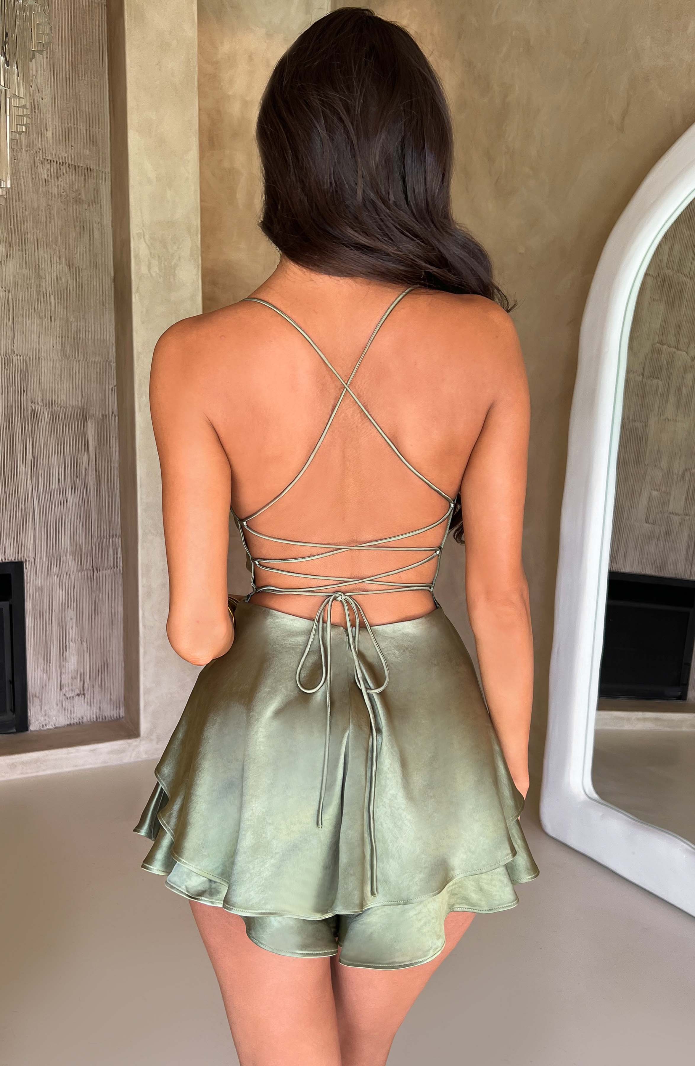 Florence - Khaki satin cowl neck frill playsuit