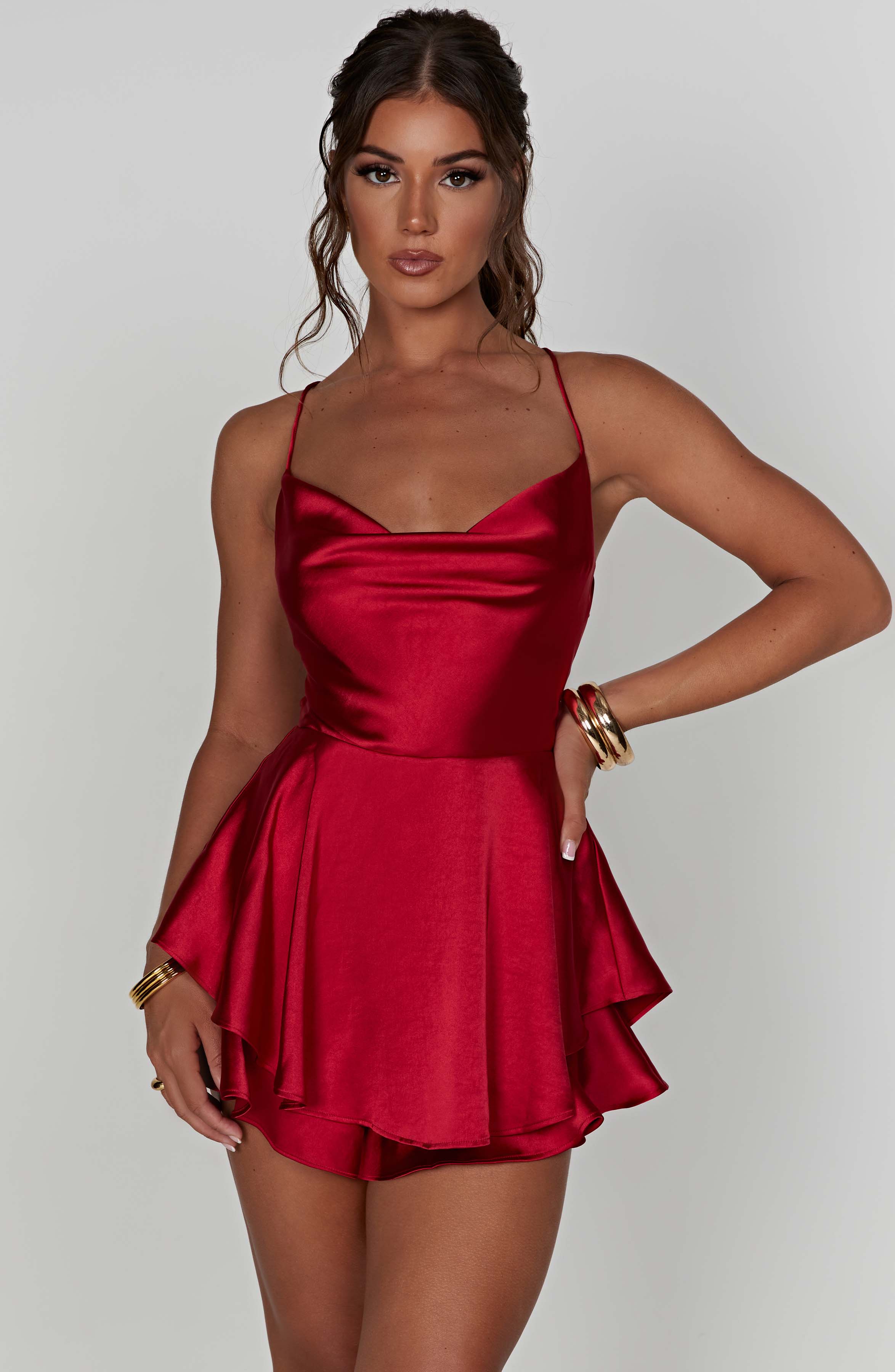 Florence - Red satin cowl neck frill playsuit