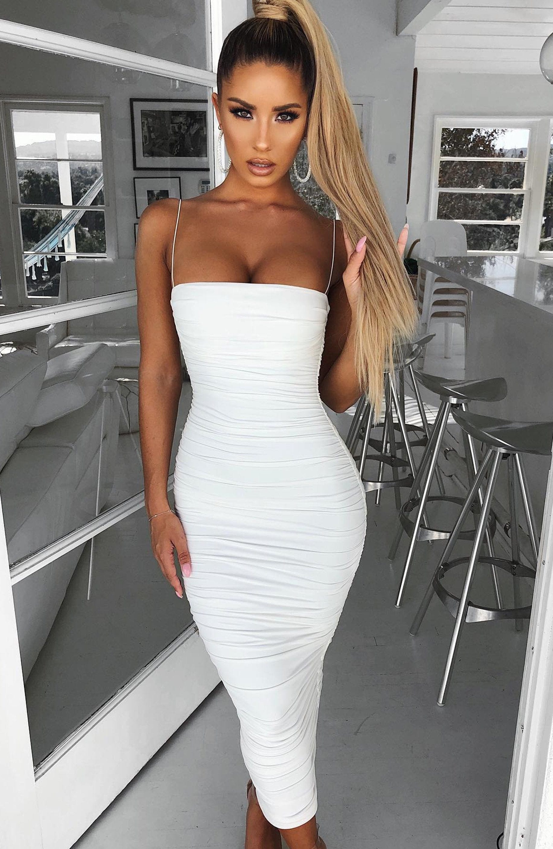 Haven - White ruched bodycon midi dress