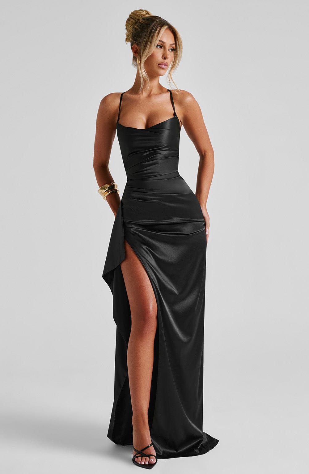 Helen - Black satin cowl neck split maxi dress
