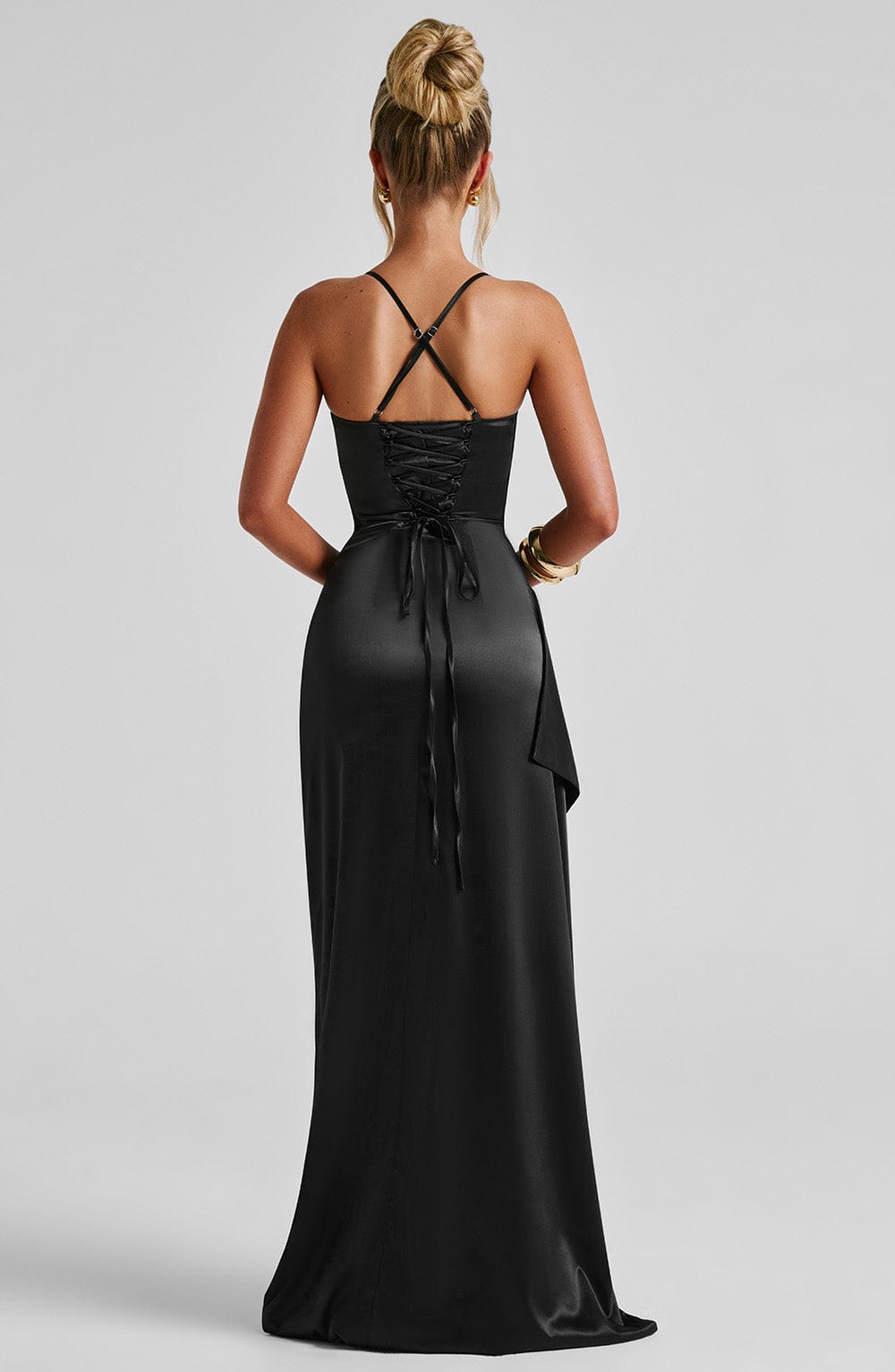 Helen - Black satin cowl neck split maxi dress