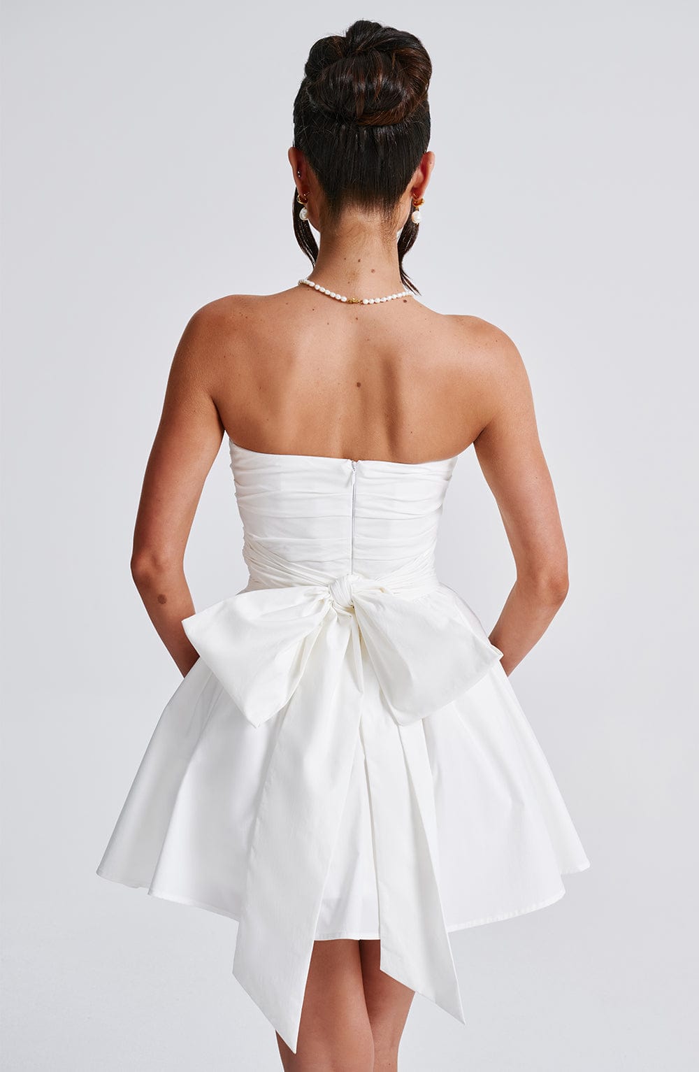 Katrina - Ivory strapless ruched full skirt mini dress