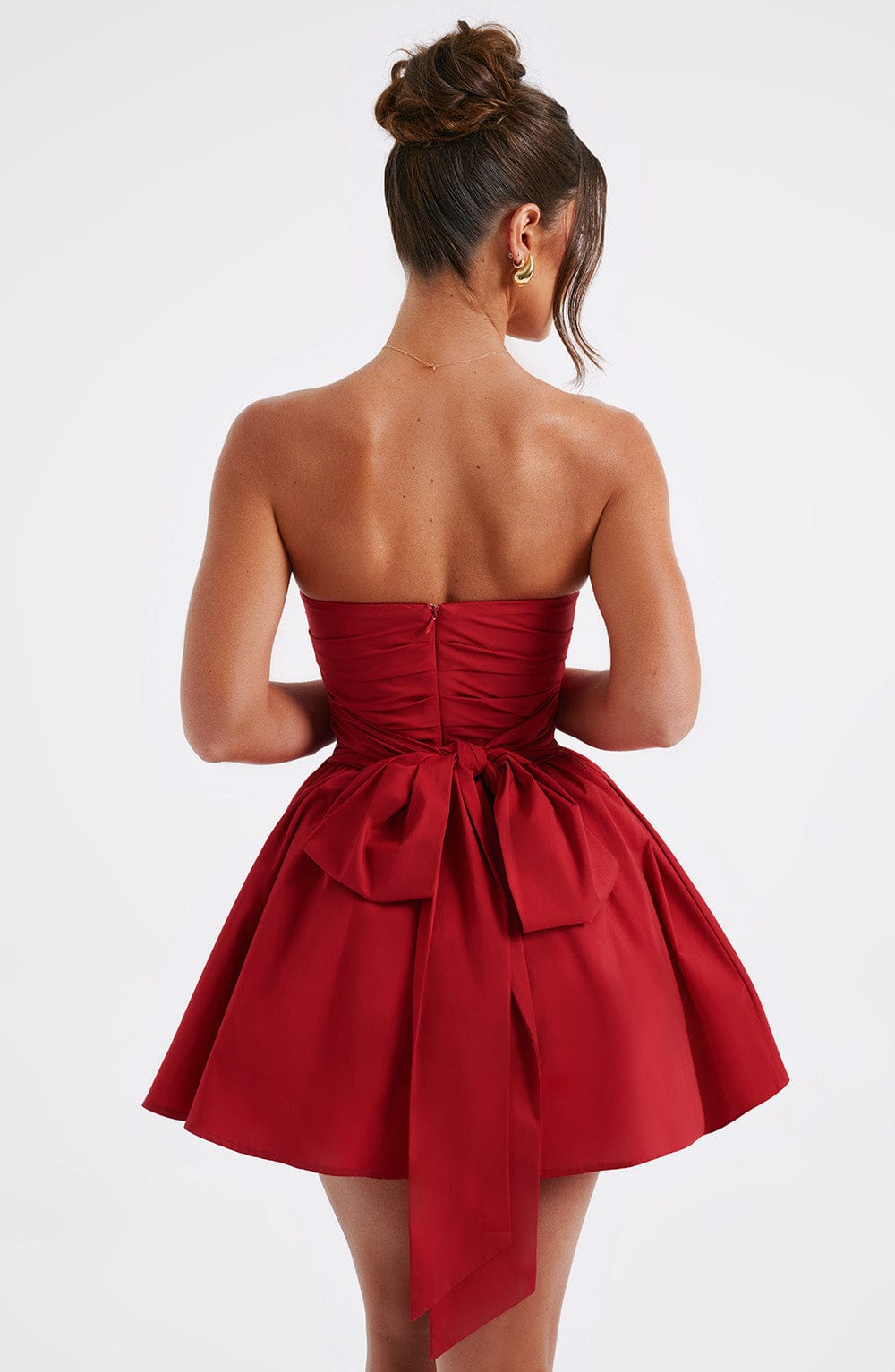 Katrina - Red strapless ruched mini dress with bow