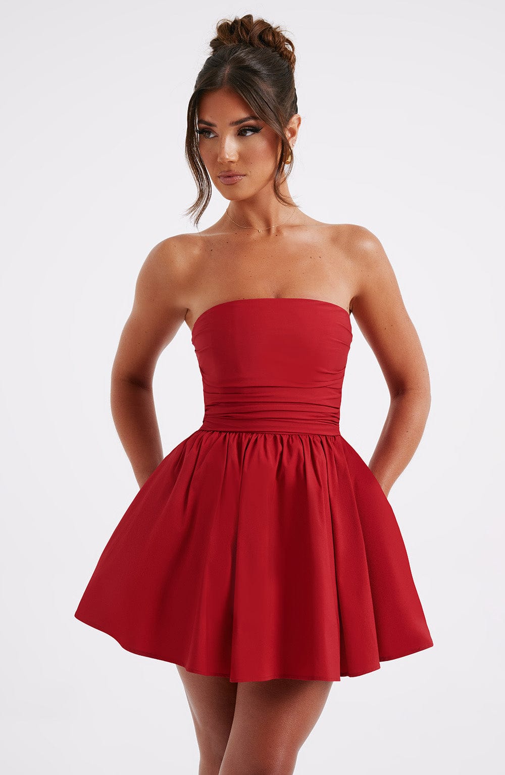 Katrina - Red strapless ruched mini dress with bow