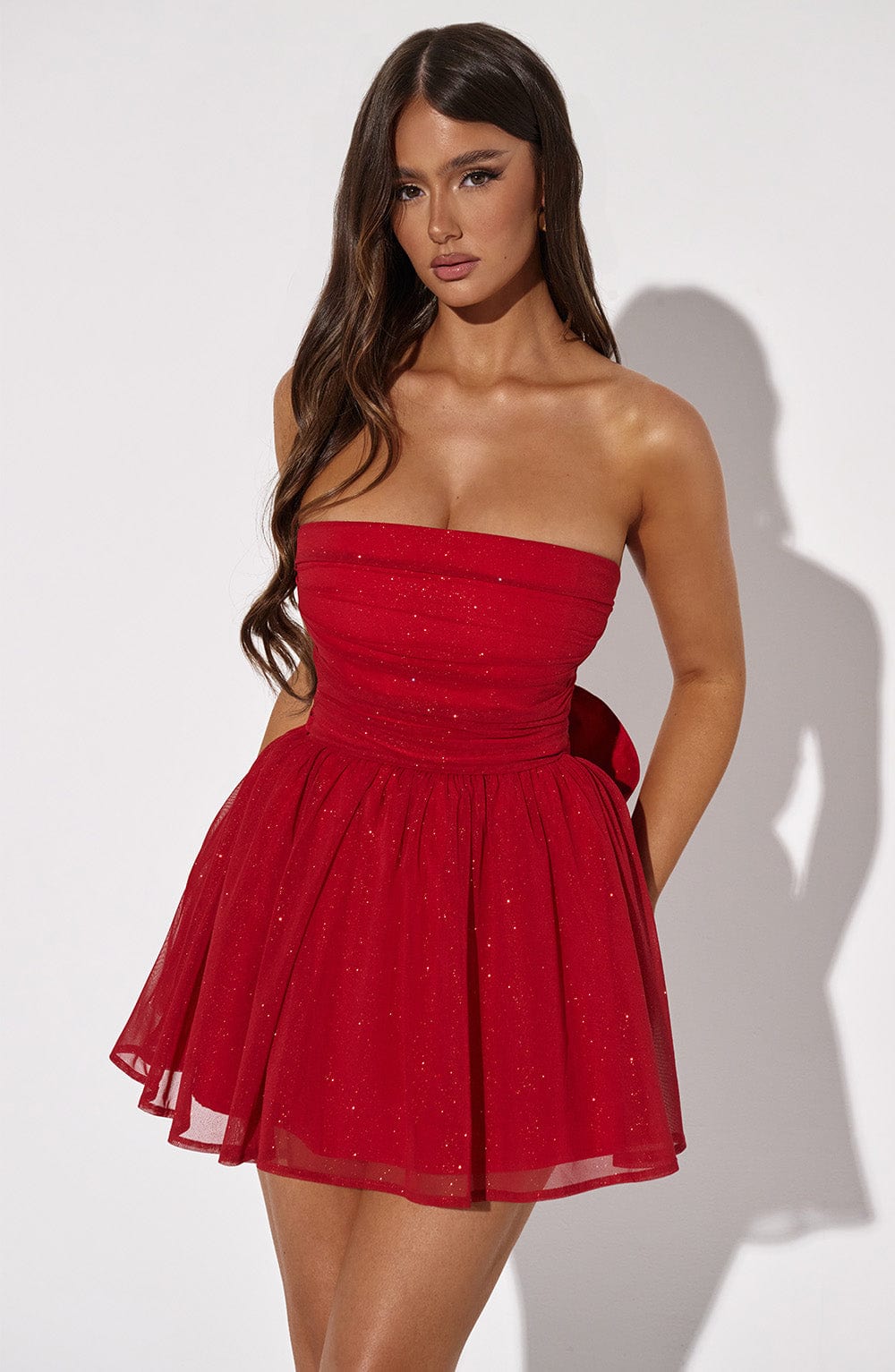 Katrina - Red sparkle tulle strapless mini dress