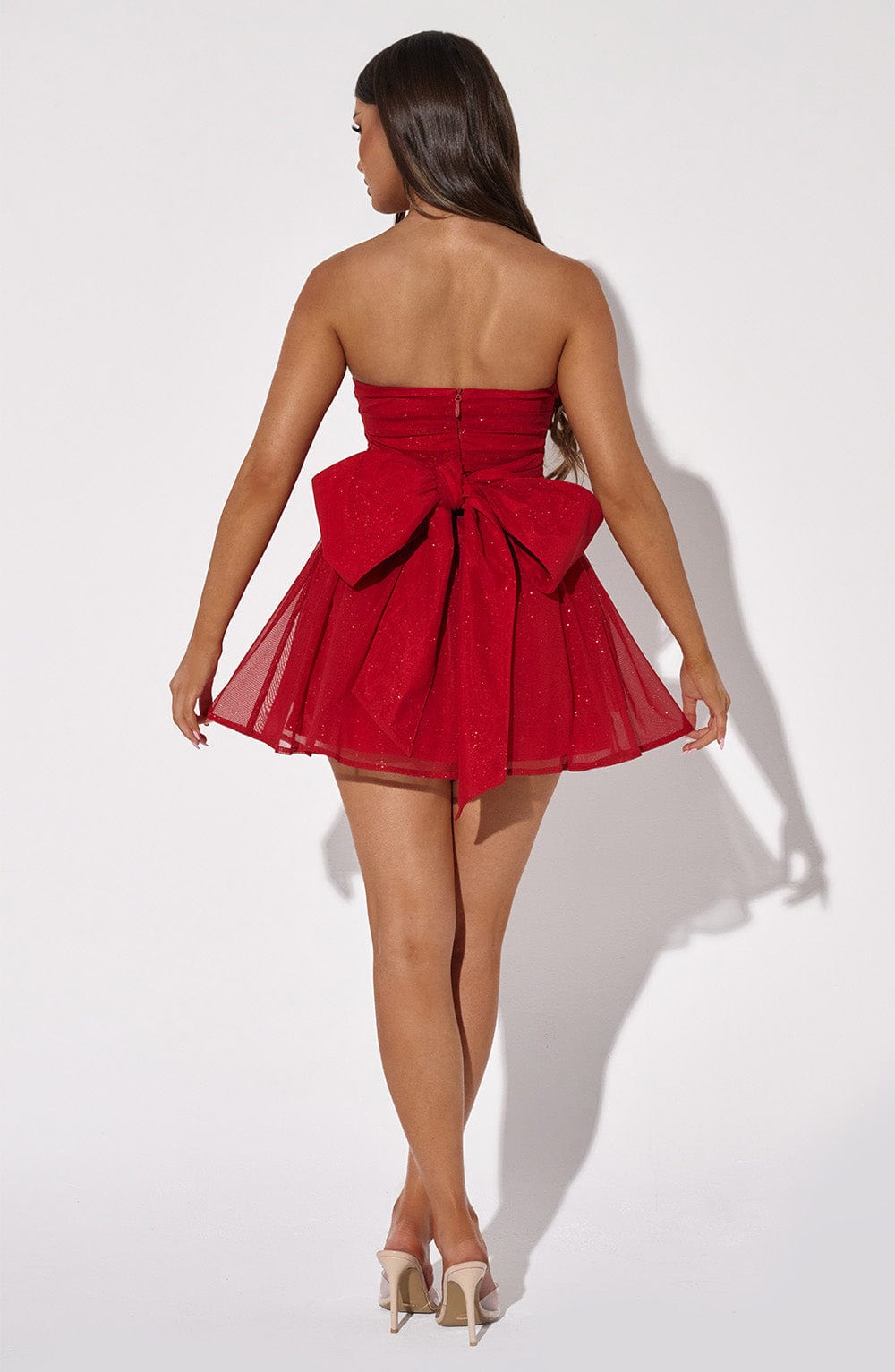 Katrina - Red sparkle tulle strapless mini dress