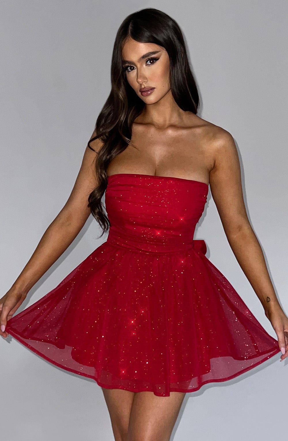 Katrina - Red sparkle tulle strapless mini dress
