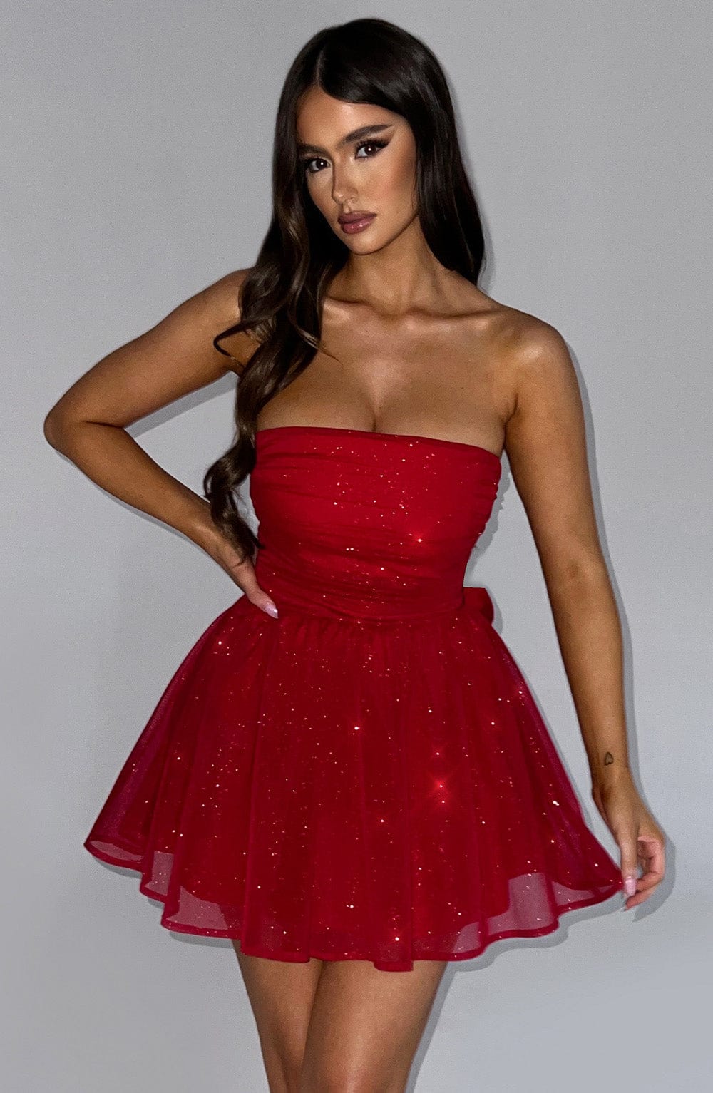 Katrina - Red sparkle tulle strapless mini dress