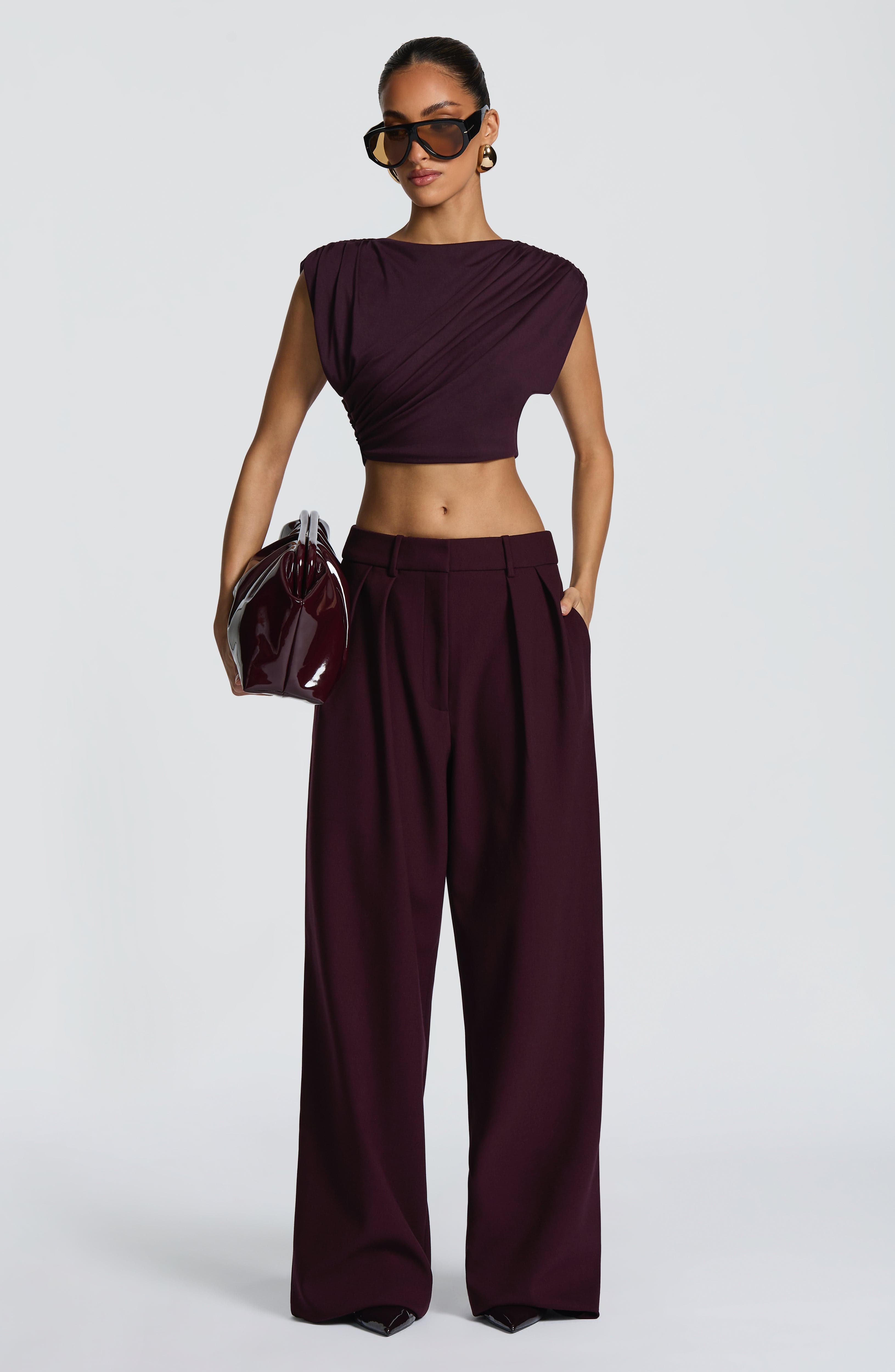 Kirsty - Plum pleated low-rise wide-leg trousers