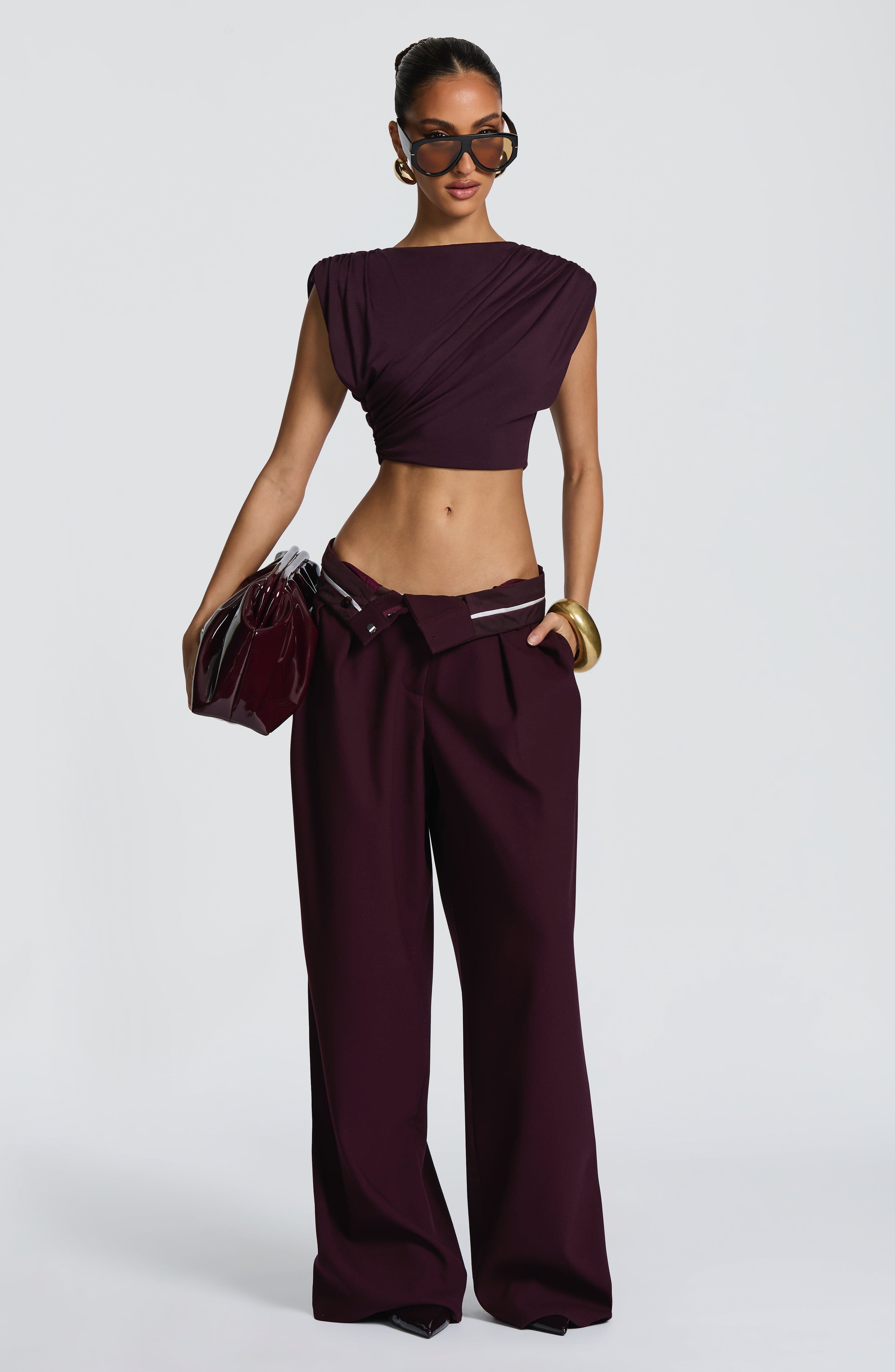 Kirsty - Plum pleated low-rise wide-leg trousers