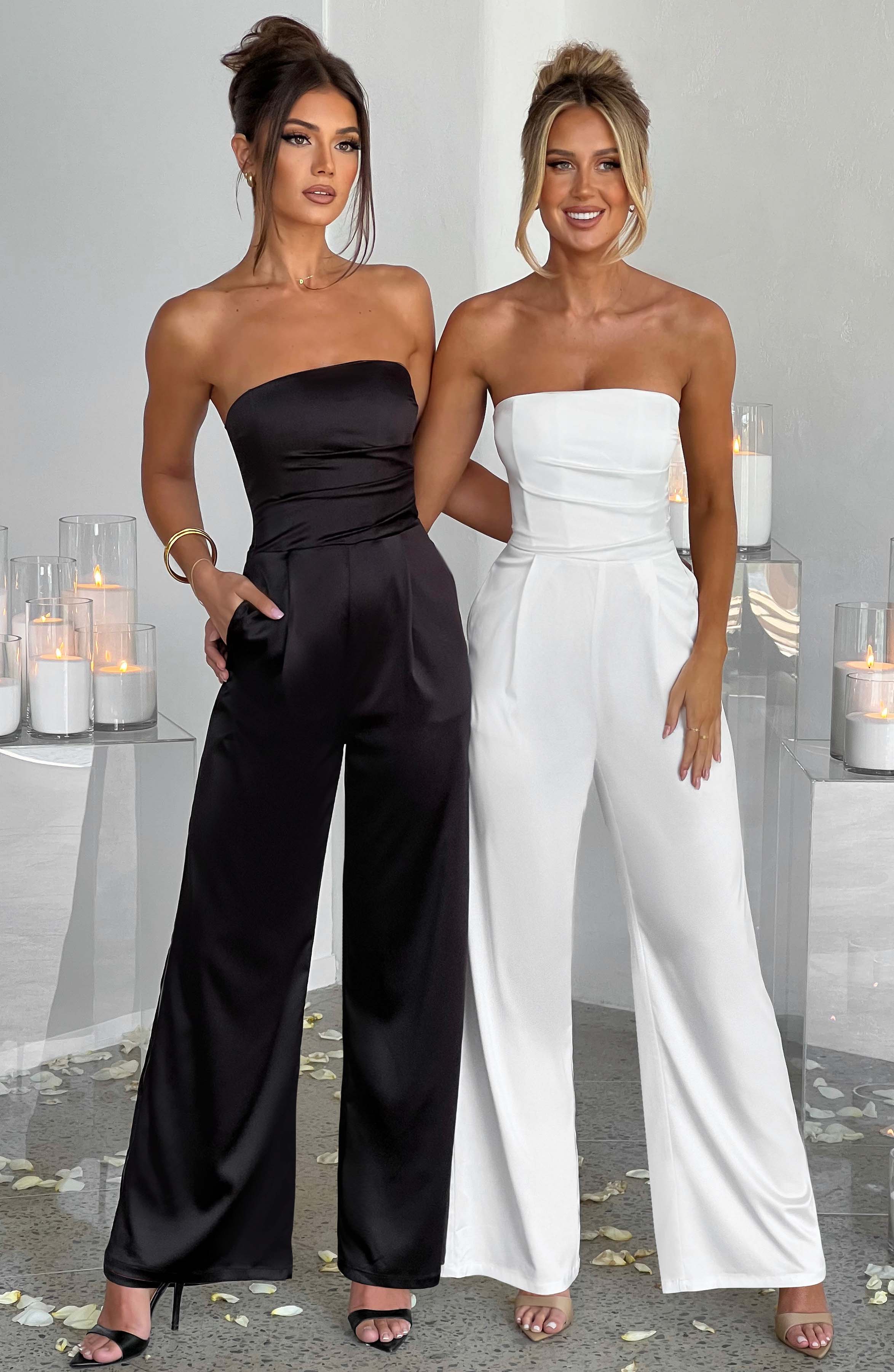 Martinez - Ivory satin strapless wide-leg jumpsuit