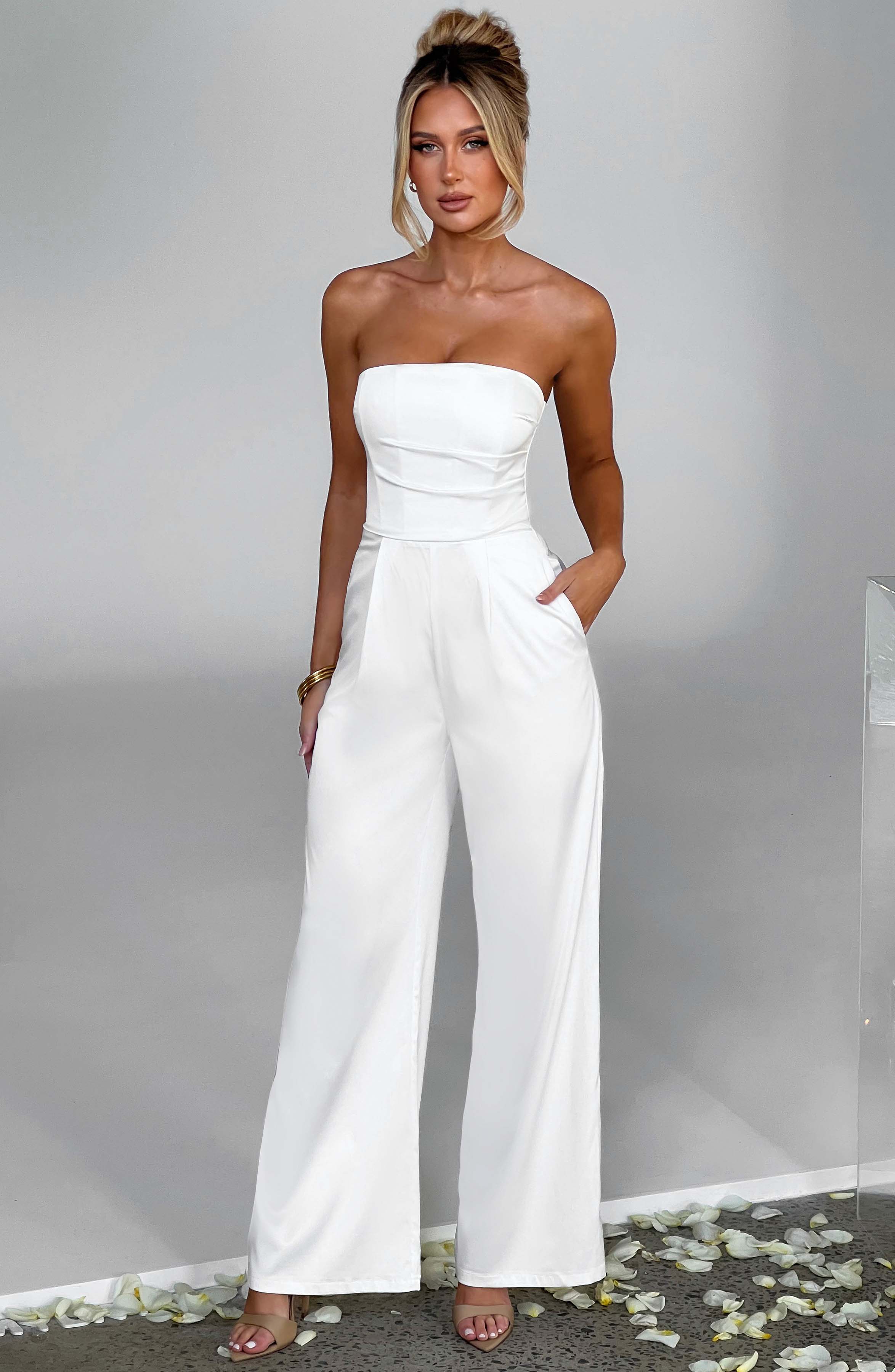 Martinez - Ivory satin strapless wide-leg jumpsuit