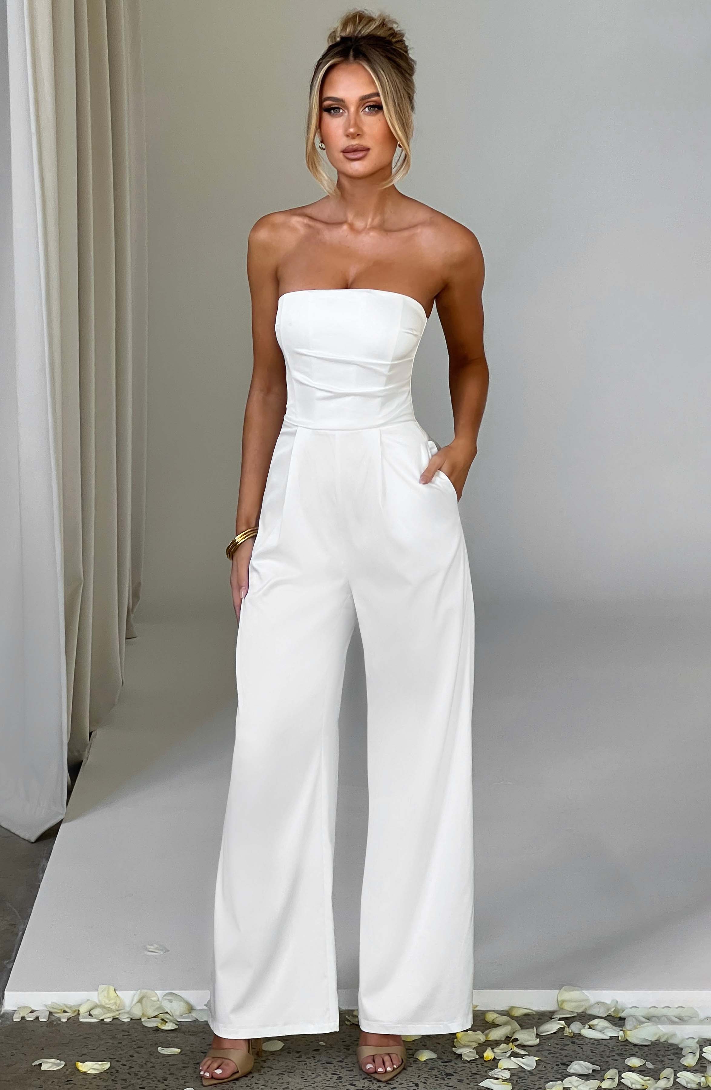 Martinez - Ivory satin strapless wide-leg jumpsuit