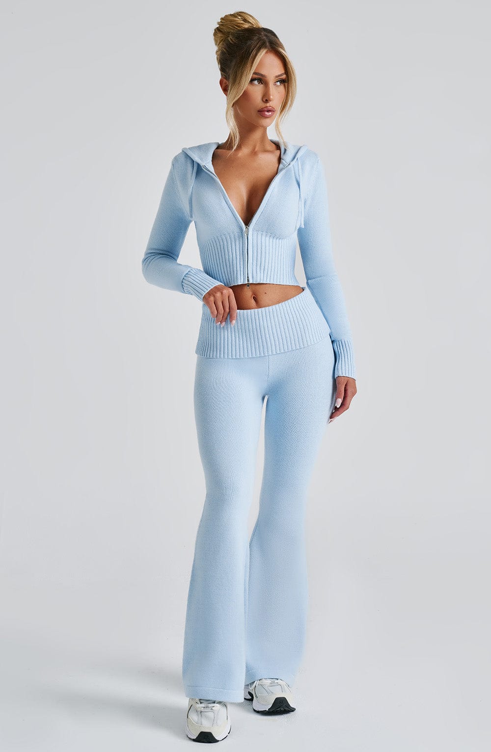 Portia - Soft knit baby blue co-ord set with zip hoodie & flared trousers
