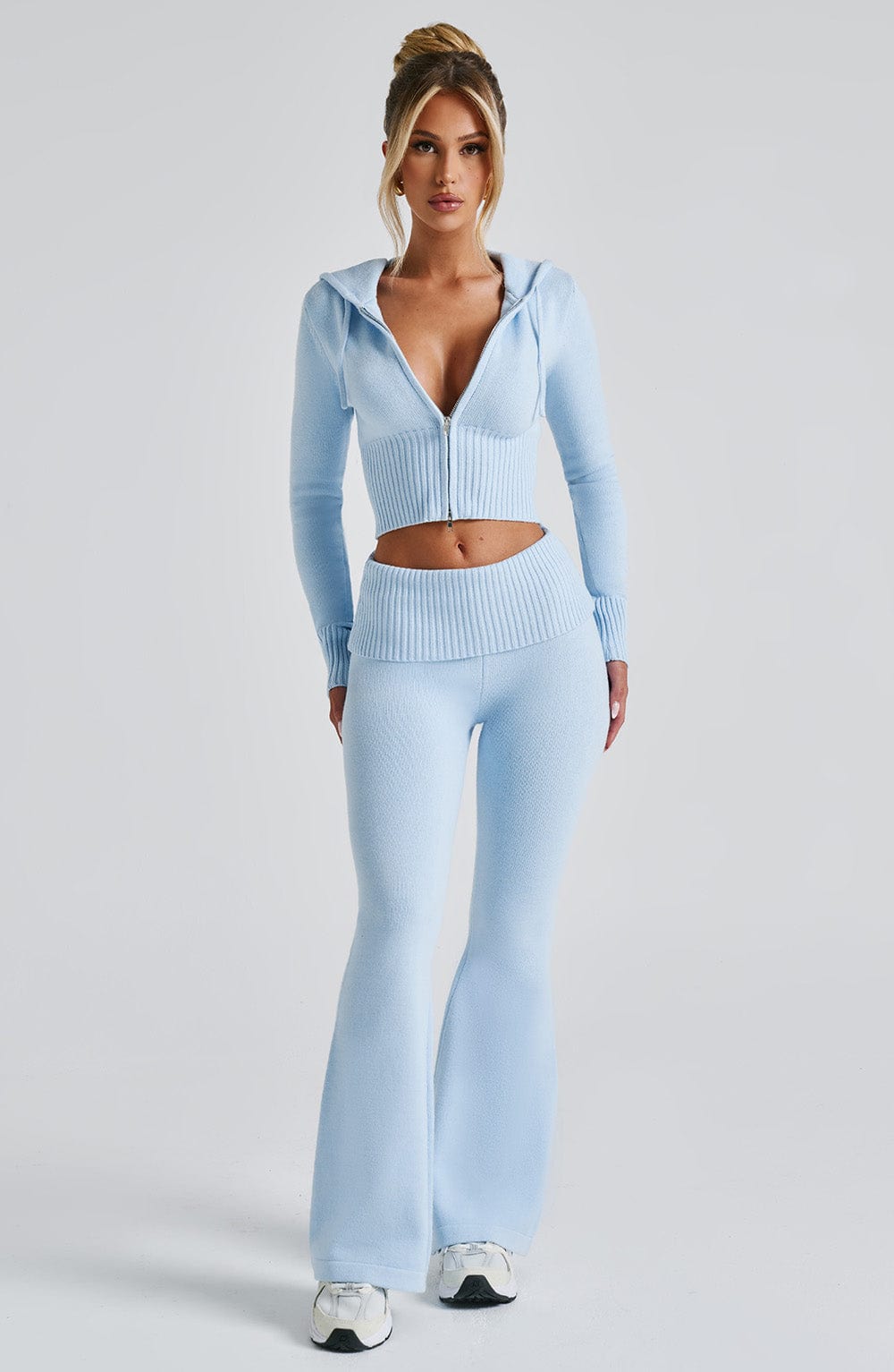Portia - Soft knit baby blue co-ord set with zip hoodie & flared trousers