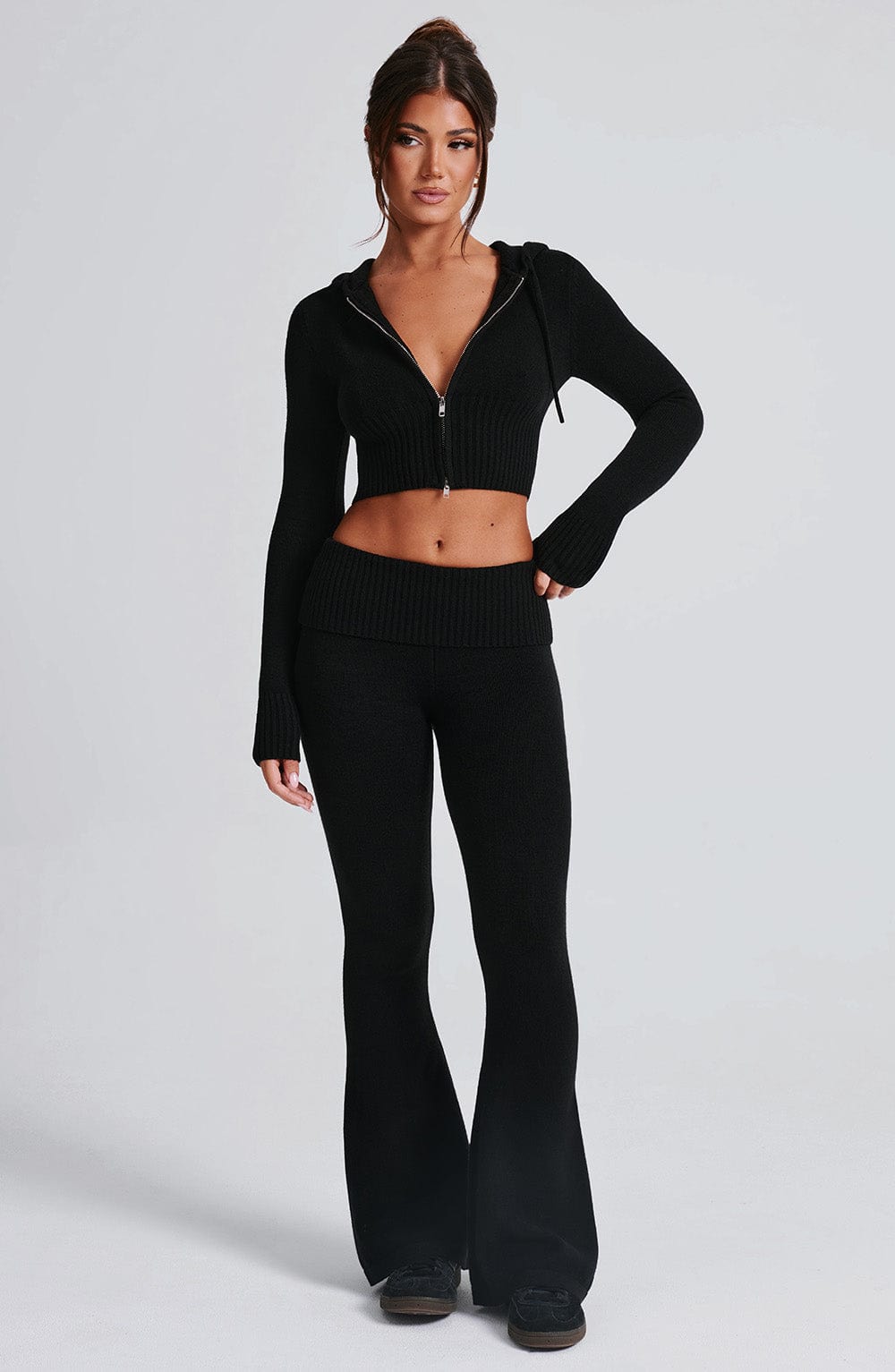 Portia - Soft knit black co-ord set with zip hoodie & flared trousers