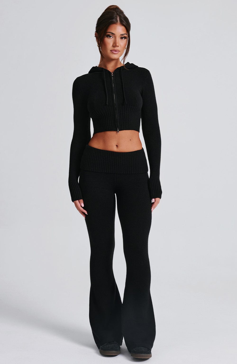 Portia - Soft knit black co-ord set with zip hoodie & flared trousers