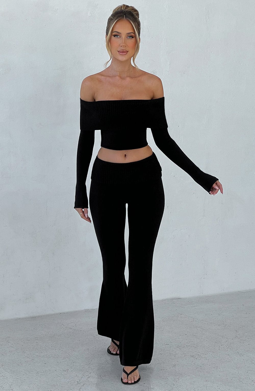 Portia - Soft knit black co-ord set with zip hoodie & flared trousers