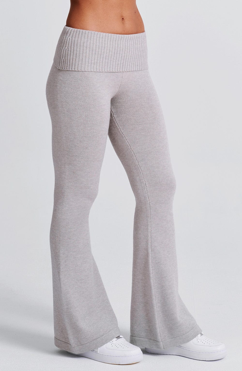 Portia - Soft knit light grey marl co-ord set with zip hoodie & flared trousers
