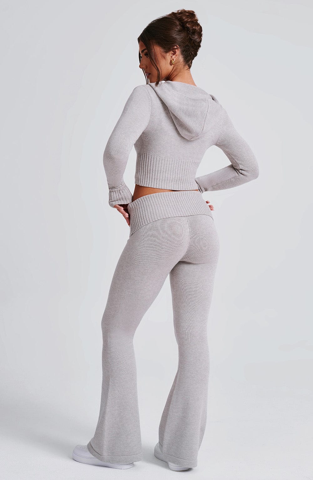 Portia - Soft knit light grey marl co-ord set with zip hoodie & flared trousers