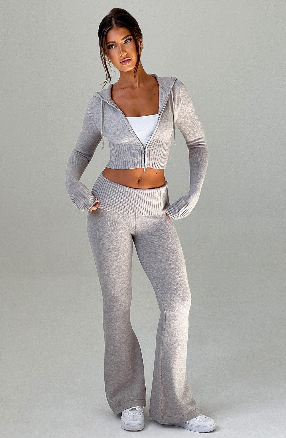 Portia - Soft knit light grey marl co-ord set with zip hoodie & flared trousers