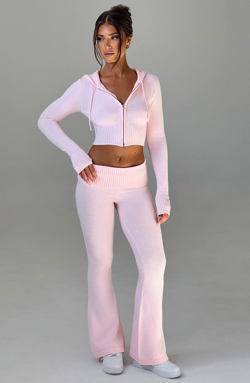 Portia - Soft knit baby pink co-ord set with zip hoodie & flared trousers
