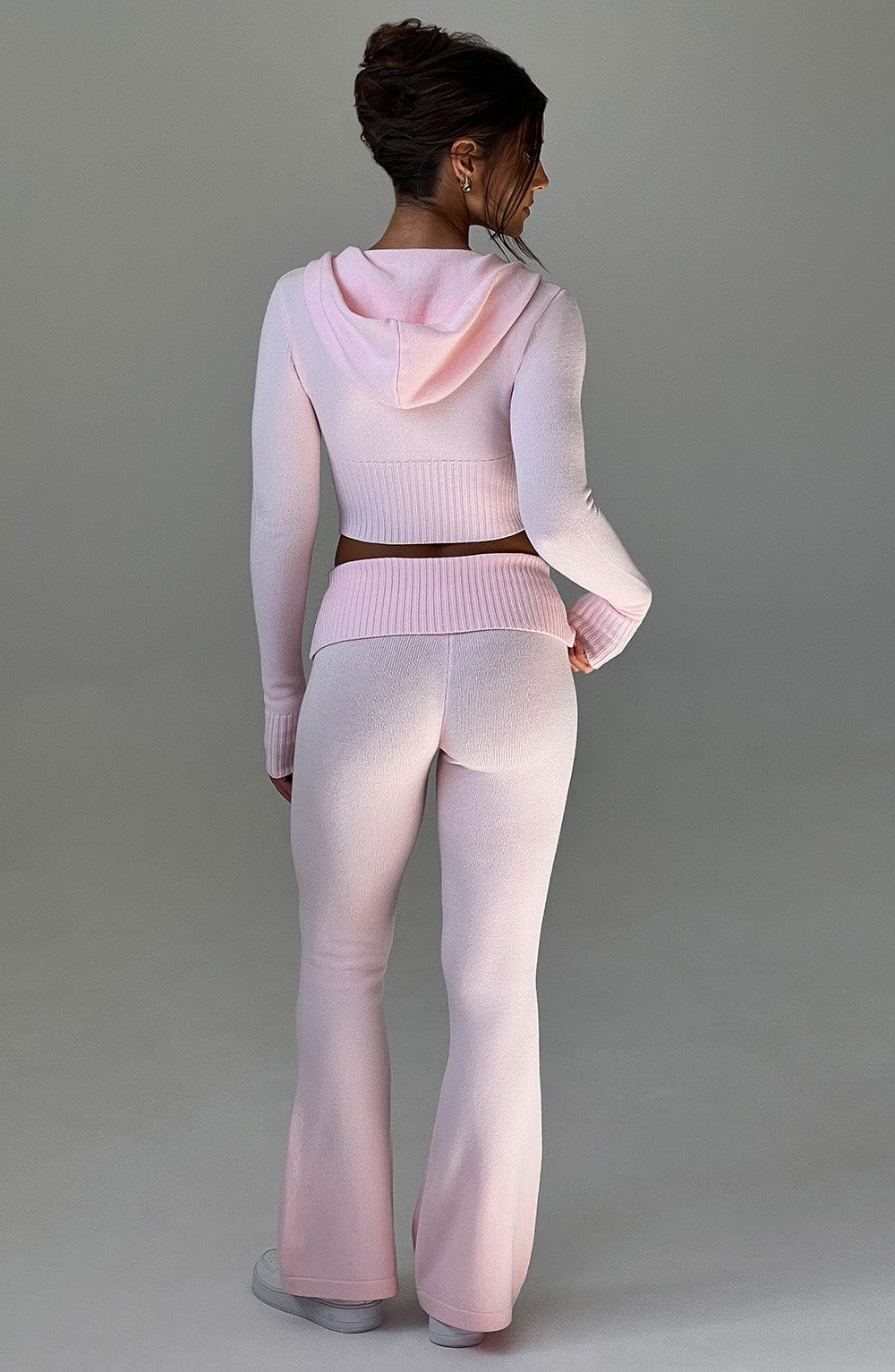Portia - Soft knit baby pink co-ord set with zip hoodie & flared trousers