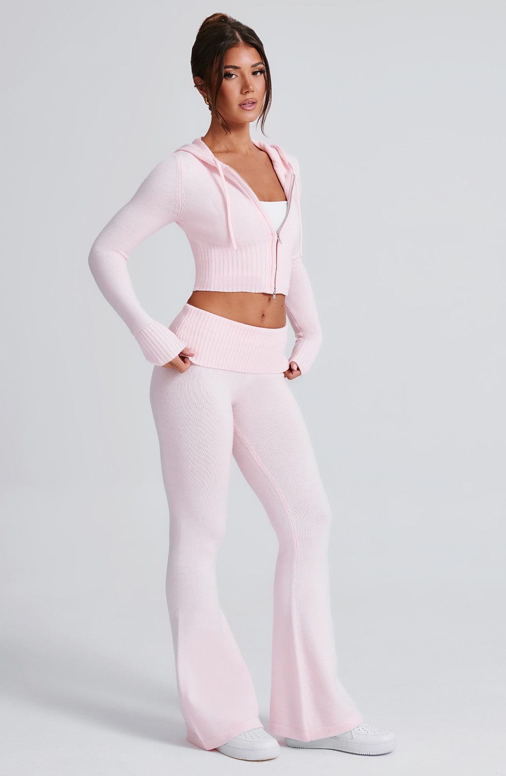Portia - Soft knit baby pink co-ord set with zip hoodie & flared trousers