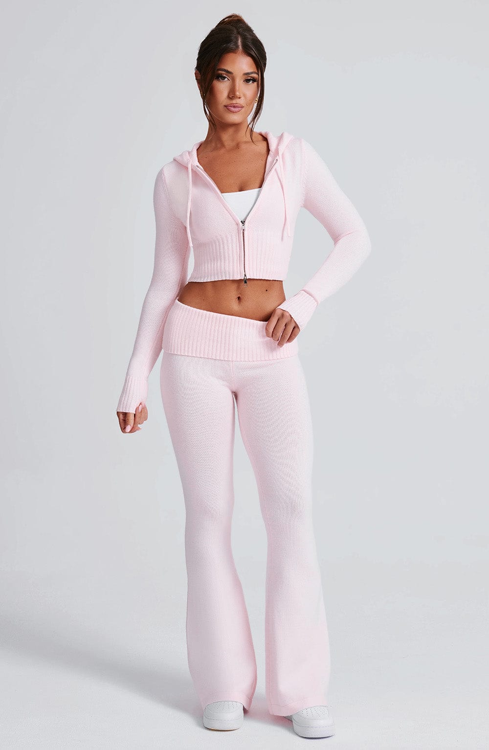 Portia - Soft knit baby pink co-ord set with zip hoodie & flared trousers